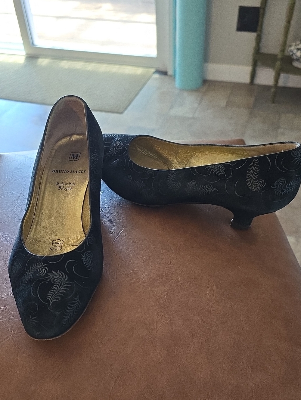 Bruno Magli Black Embroidered Kitten Heel Pumps